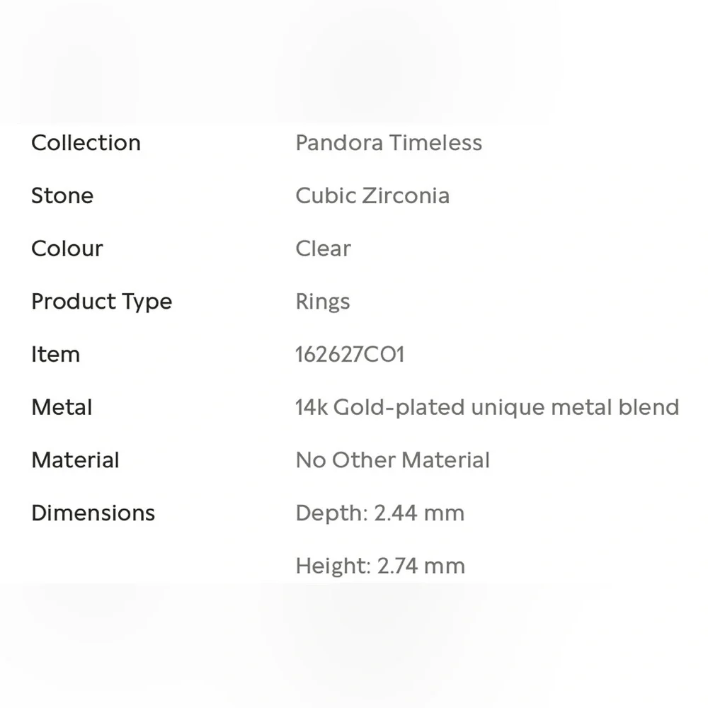 💛🔹️Pandora 🔹️Timeless Pavé Single-row Ring 14k gold plating Size 6 - Picture 5 of 6